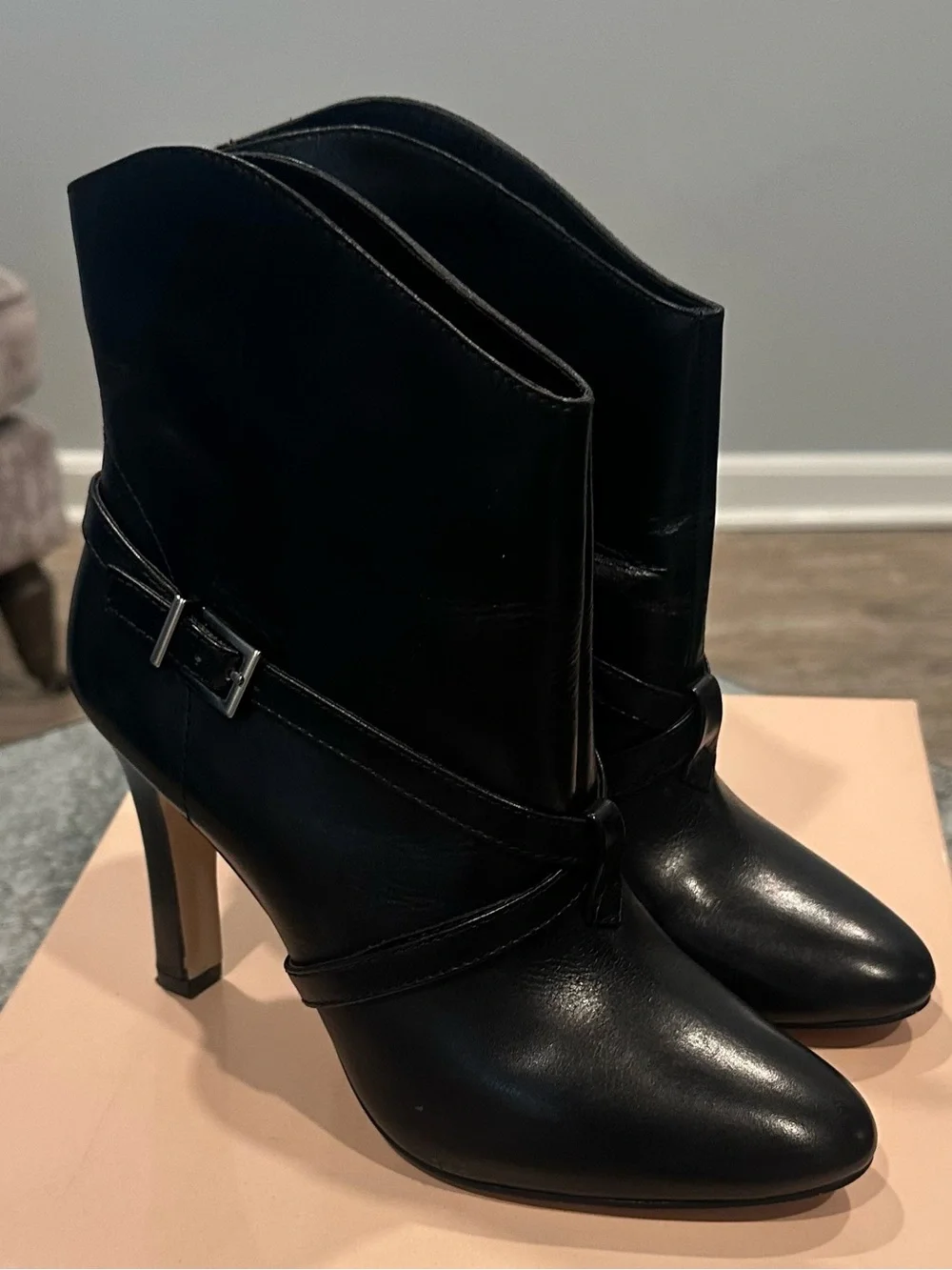 BCBG Black Leather Pointed-Toe Ankle Booties with Buckle Strap - Picture 6 of 7